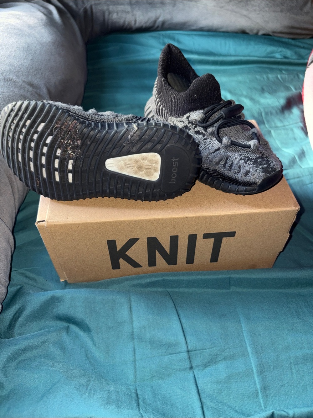 Yeezy Kids Black and Gray Knit Slip-On Sneakers - Picture 3 of 4